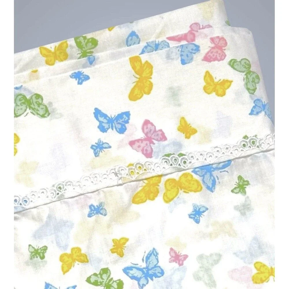 Vintage Dior x Wamsutta 3 Pc Twin Sheet Set Colorful Butterfly Print Delicado 70